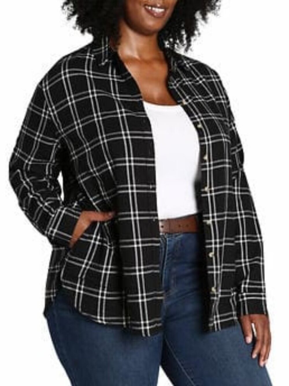 JACHS Girlfriend Flannel Black White Plaid Button-Up Long Shirt with Pockets L